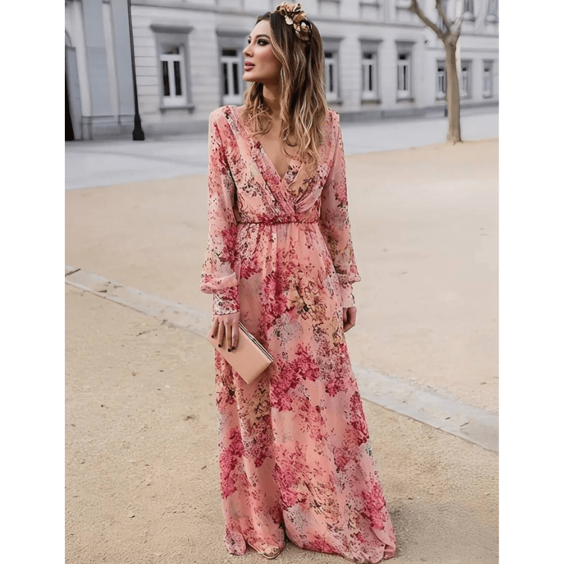 Pia | Robe Longue Bohème À Motif Fleuri Pour Femme | Manches Longues - Looksy