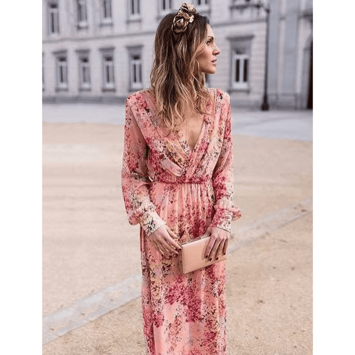 Pia | Robe Longue Bohème À Motif Fleuri Pour Femme | Manches Longues - Looksy