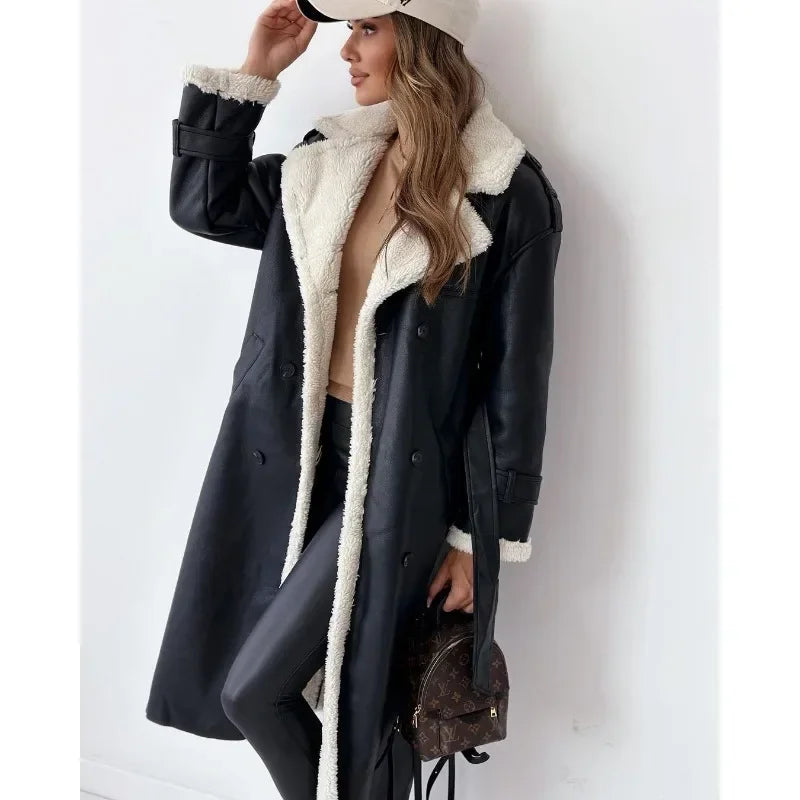 Manteau Long Similicuir Sherpa Femme - Chaud & Élégant Hiver