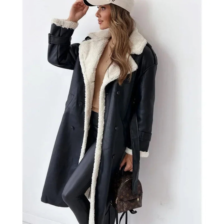 Manteau Long Similicuir Sherpa Femme - Chaud & Élégant Hiver
