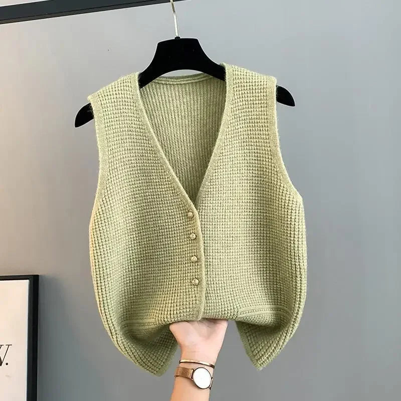 Gilet Sans Manches Femme Tricot Beige - Boutons Élégants Style Minimaliste