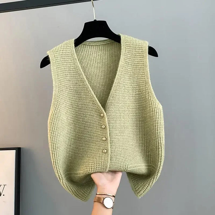 Gilet Sans Manches Femme Tricot Beige - Boutons Élégants Style Minimaliste