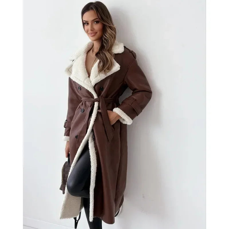 Manteau Long Similicuir Sherpa Femme - Chaud & Élégant Hiver