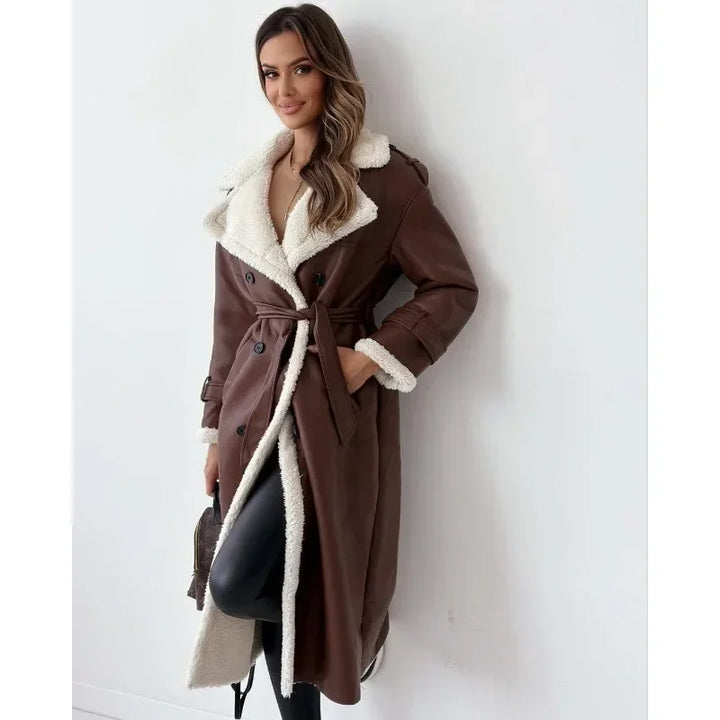 Manteau Long Similicuir Sherpa Femme - Chaud & Élégant Hiver