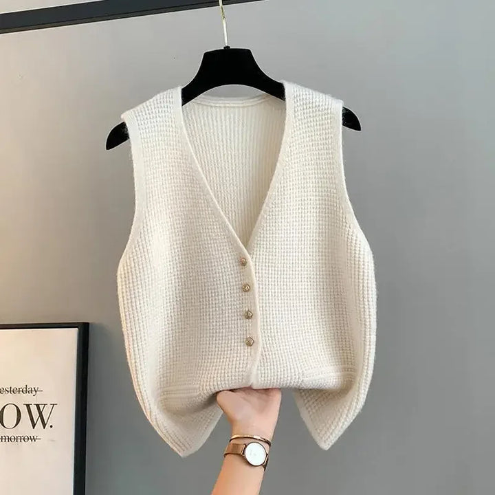 Gilet Sans Manches Femme Tricot Beige - Boutons Élégants Style Minimaliste