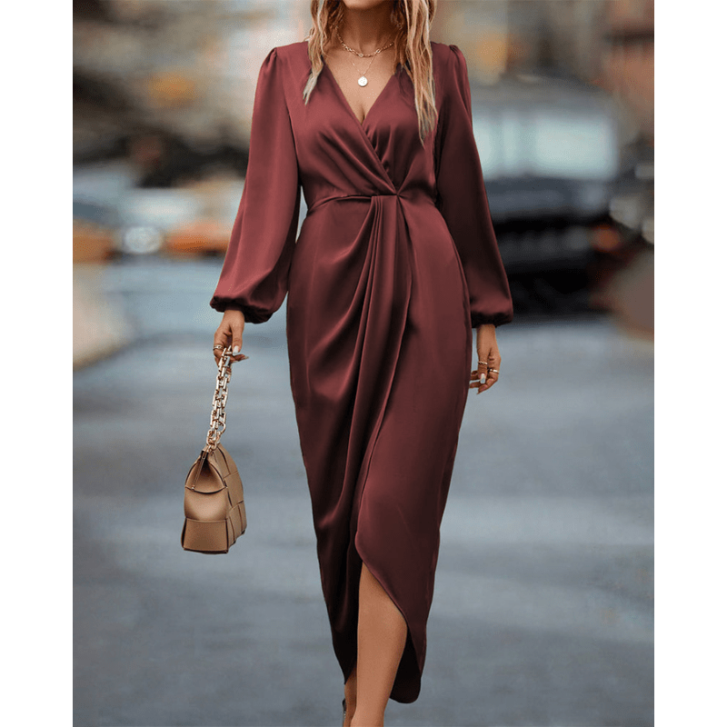 Sarah | Robe Midi Femme Portefeuille | Manches Longues - Looksy