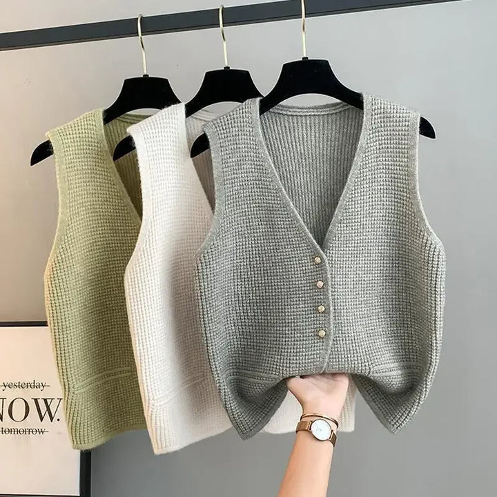 Gilet Sans Manches Femme Tricot Beige - Boutons Élégants Style Minimaliste