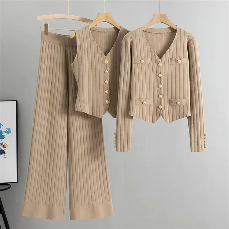 Ensemble Tricot Femme 3 Pièces Beige Maille Côtelée - Pantalon Large Chic