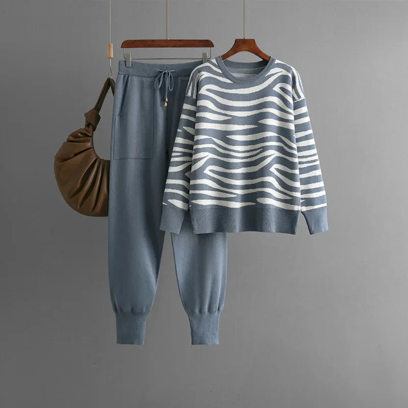 Ensemble Loungewear Femme Beige - Pull Motif Pantalon Confort