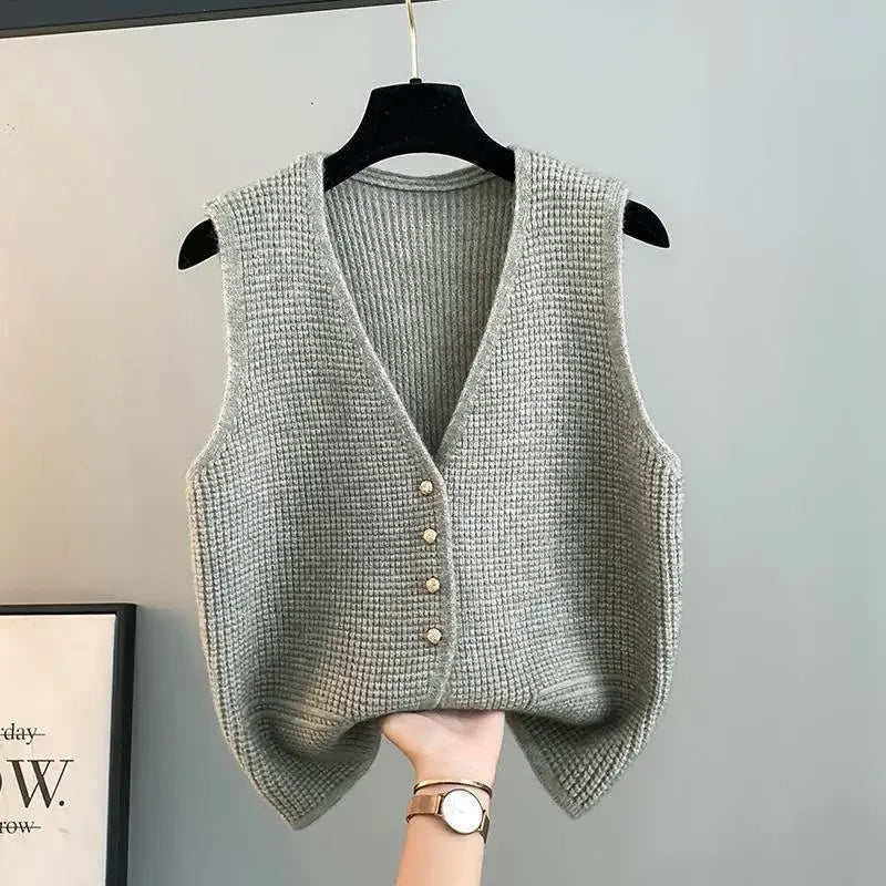 Gilet Sans Manches Femme Tricot Beige - Boutons Élégants Style Minimaliste