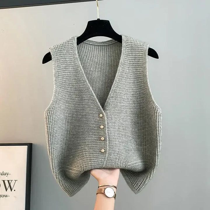 Gilet Sans Manches Femme Tricot Beige - Boutons Élégants Style Minimaliste