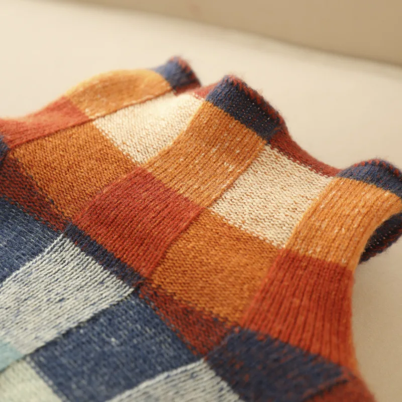Pull Carreaux Multicolore Col Montant Rétro Hiver