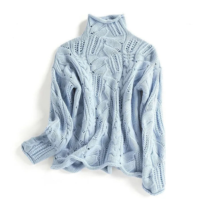 Pull Col Roulé Femme Bleu Ciel Maille Torsadée Chaud Hiver