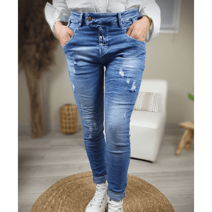 Sidonia | Jean Slim Boutonné Effet Usé Femme | Taille Haute - Looksy