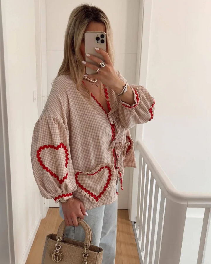 Blouse Bohème Beige Rouge Coton Broderie Cœur