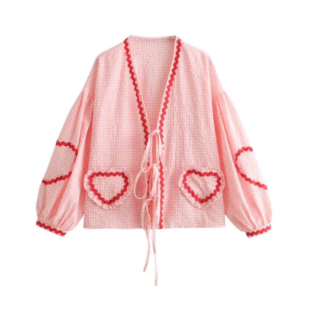 Blouse Bohème Beige Rouge Coton Broderie Cœur