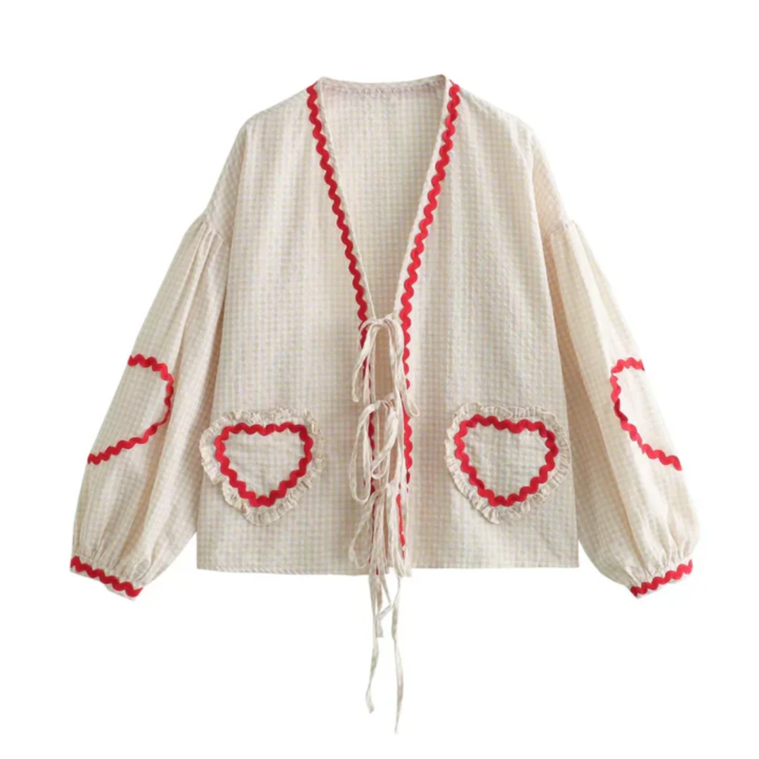 Blouse Bohème Beige Rouge Coton Broderie Cœur