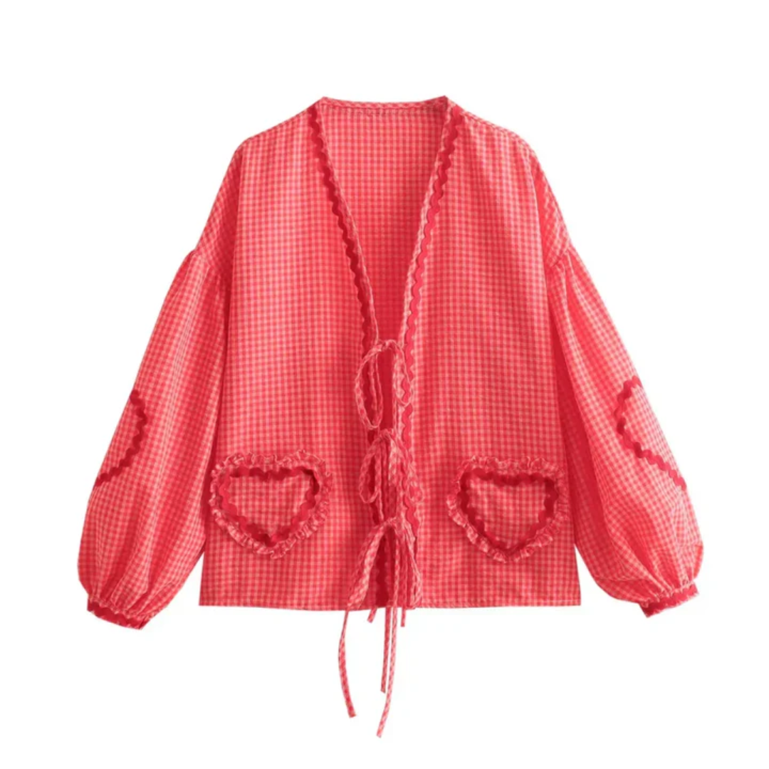 Blouse Bohème Beige Rouge Coton Broderie Cœur