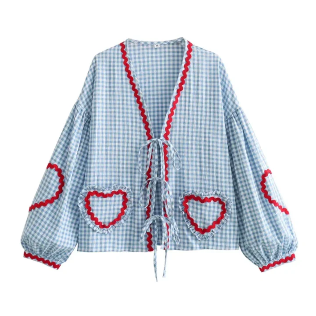 Blouse Bohème Beige Rouge Coton Broderie Cœur