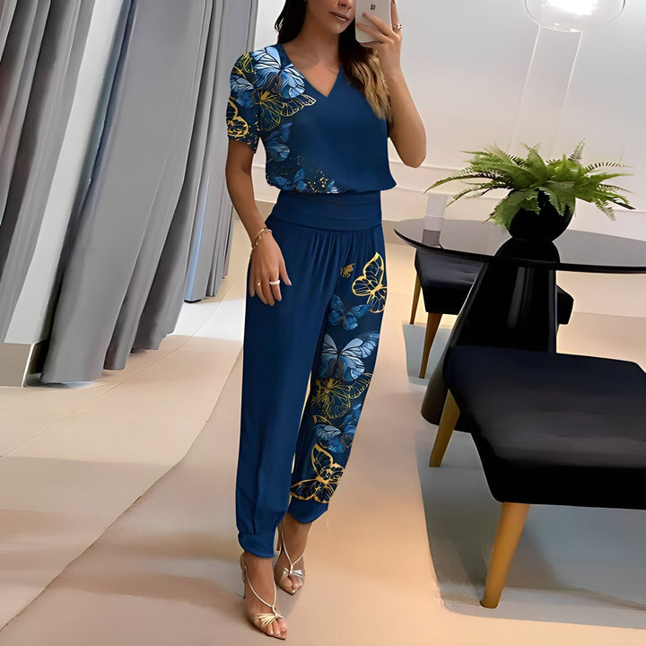 Ensemble Graphique Chic : Pantalon Fluide & Haut Col V