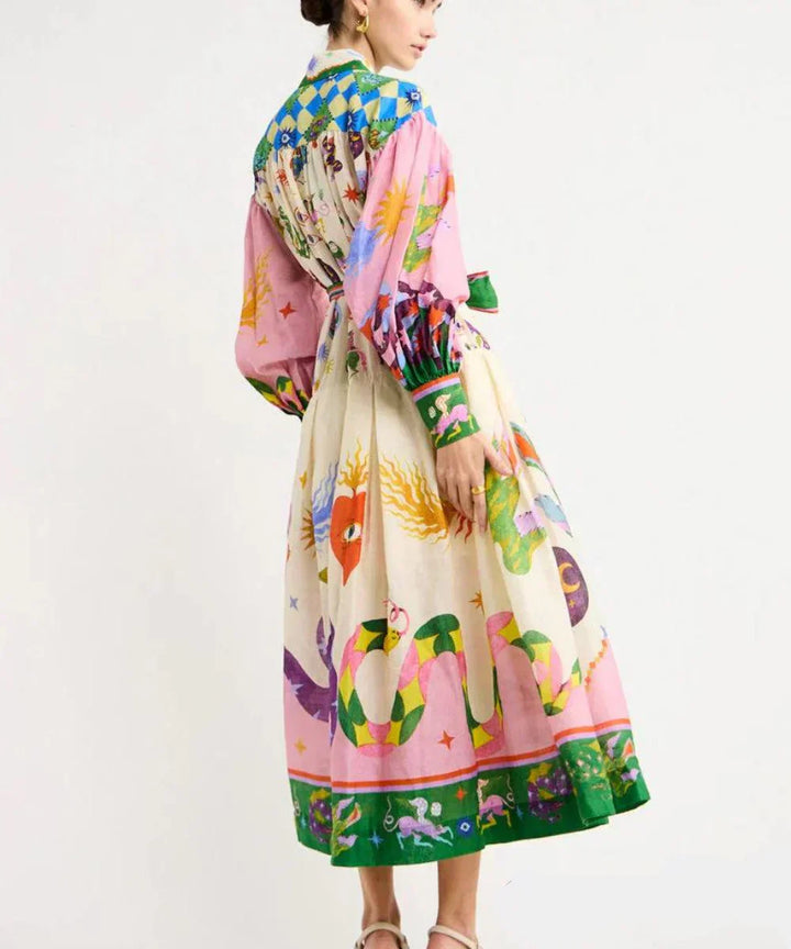 Robe Chemise Longue Imprimé Artistique - Bohème Chic Colorée