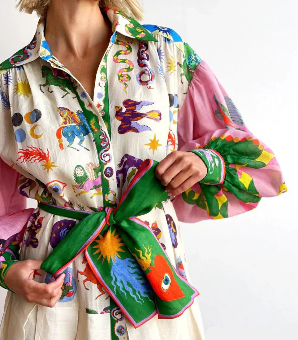 Robe Chemise Longue Imprimé Artistique - Bohème Chic Colorée
