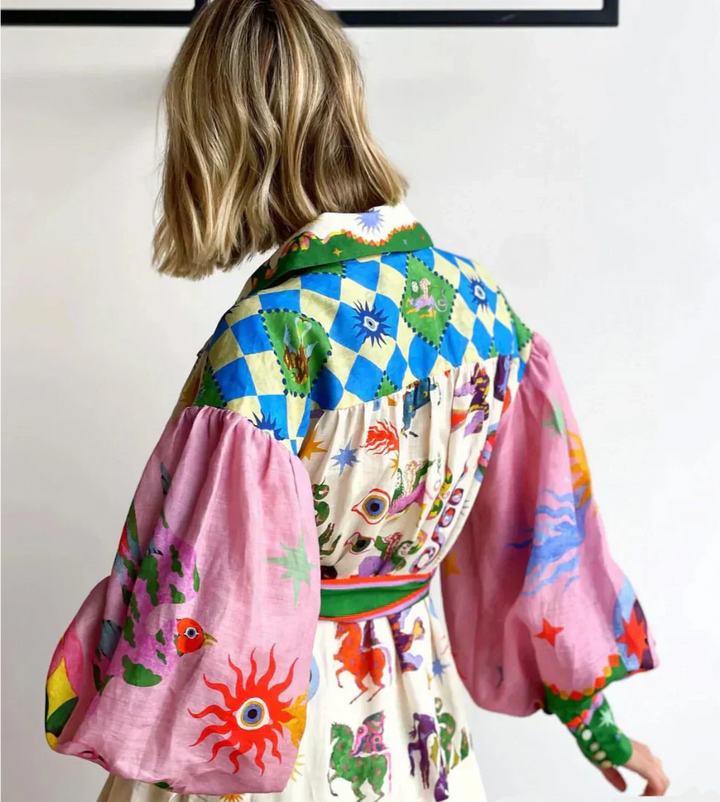 Robe Chemise Longue Imprimé Artistique - Bohème Chic Colorée