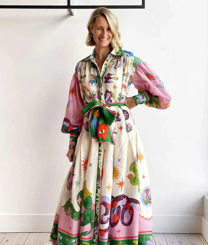 Robe Chemise Longue Imprimé Artistique - Bohème Chic Colorée