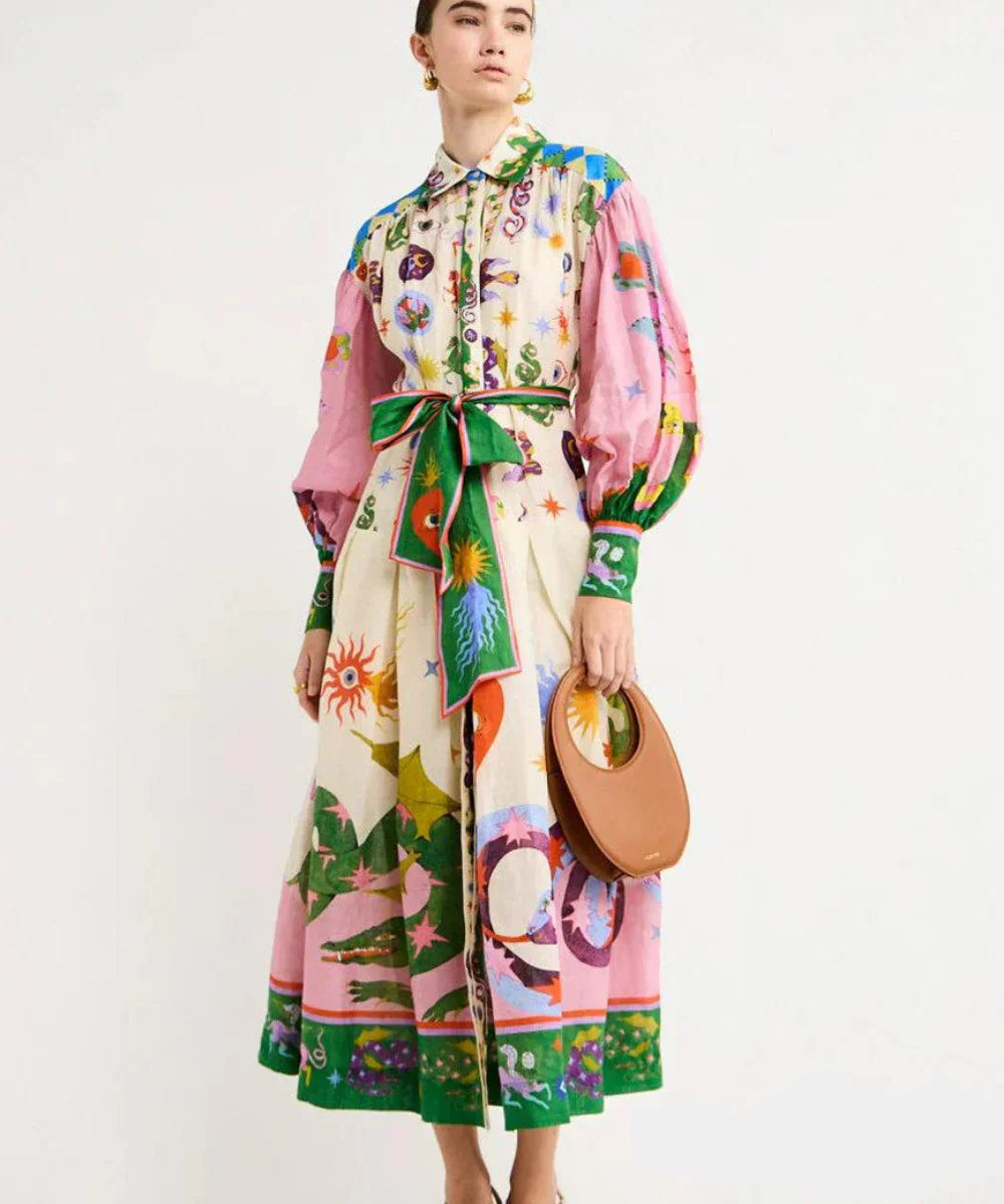 Robe Chemise Longue Imprimé Artistique - Bohème Chic Colorée