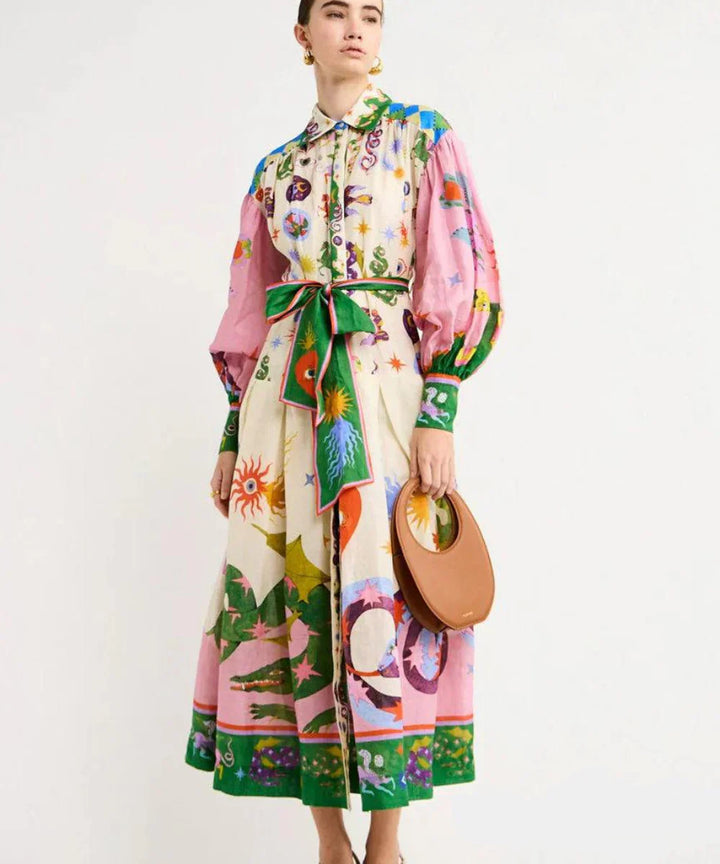 Robe Chemise Longue Imprimé Artistique - Bohème Chic Colorée