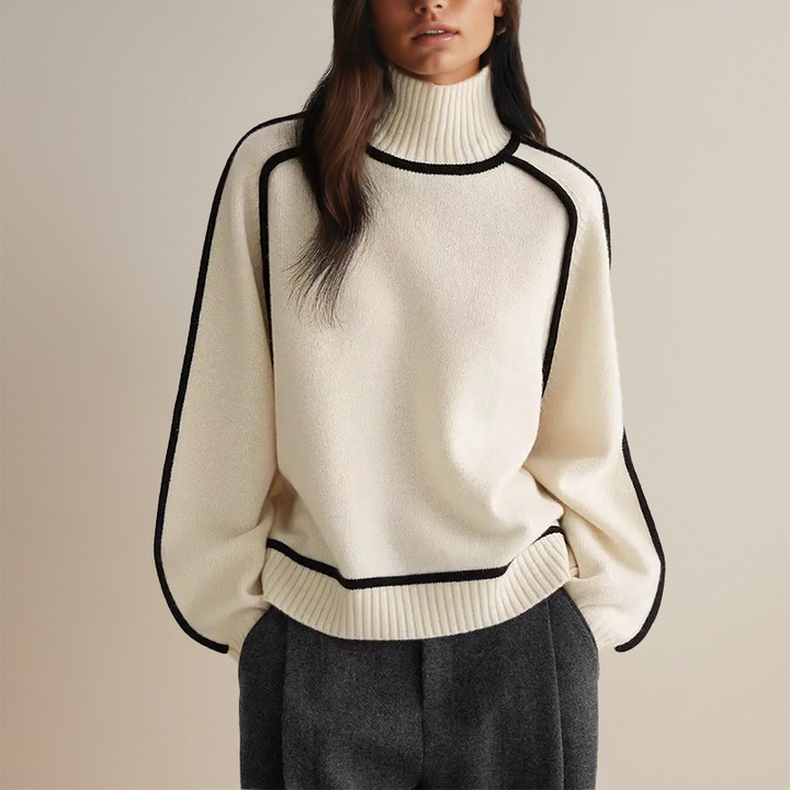 Pull Col Roulé Oversize Hiver Élégant Confort Cachemire Liseré