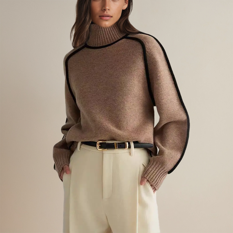 Pull Col Roulé Oversize Hiver Élégant Confort Cachemire Liseré