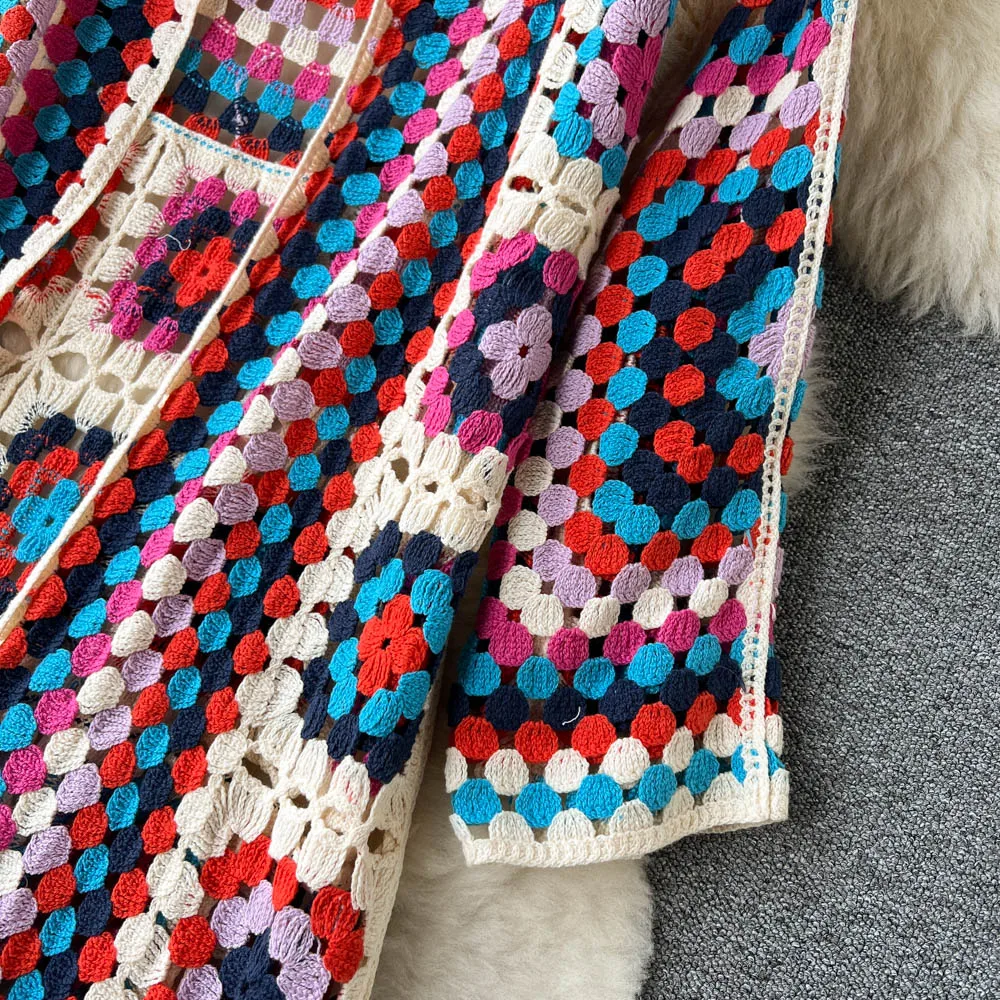 Cardigan Long Crochet Femme Multicolore Bohème Artisanal Coton