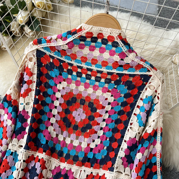 Cardigan Long Crochet Femme Multicolore Bohème Artisanal Coton