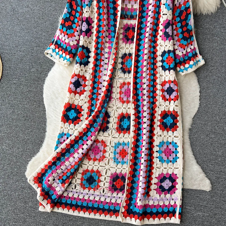 Cardigan Long Crochet Femme Multicolore Bohème Artisanal Coton