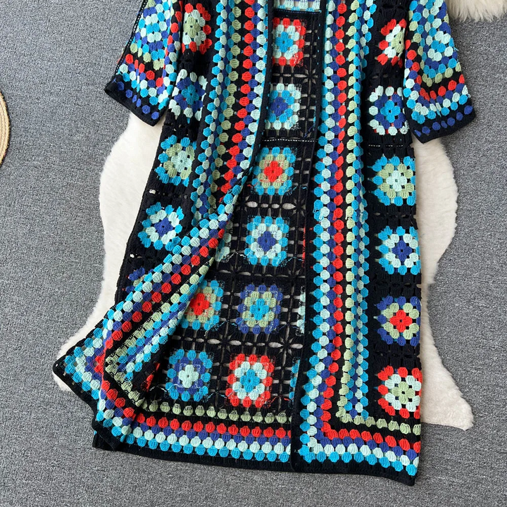 Cardigan Long Crochet Femme Multicolore Bohème Artisanal Coton