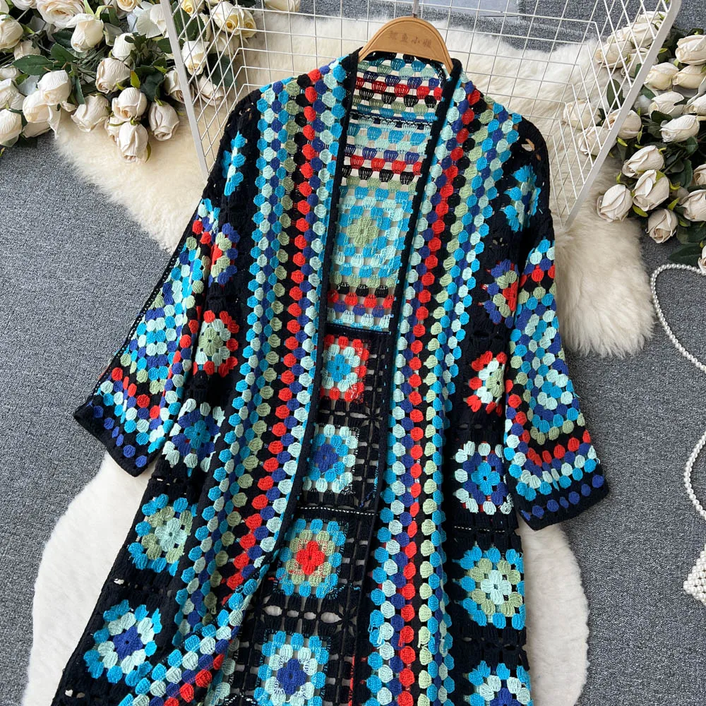 Cardigan Long Crochet Femme Multicolore Bohème Artisanal Coton