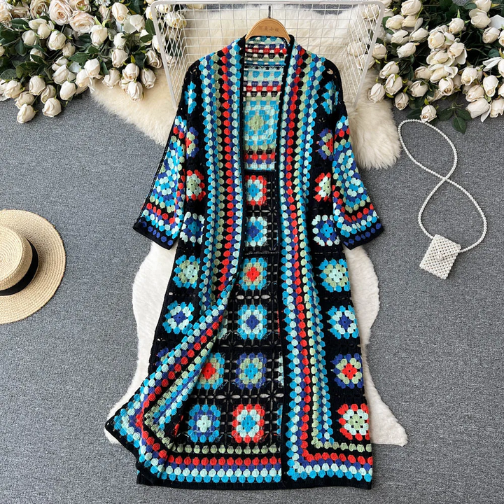 Cardigan Long Crochet Femme Multicolore Bohème Artisanal Coton