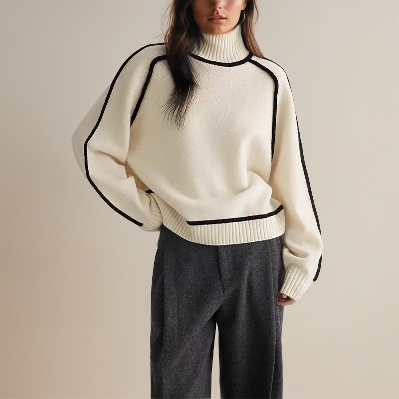 Pull Col Roulé Oversize Hiver Élégant Confort Cachemire Liseré