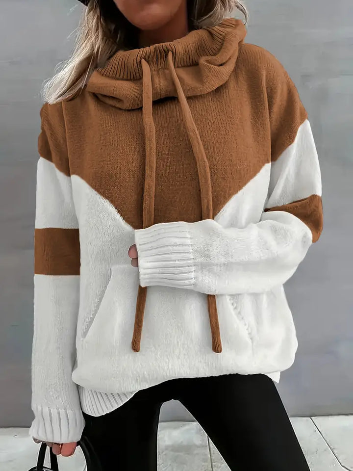 Pull Col Montant Femme Maille Douce Chaud Hiver Bicolore