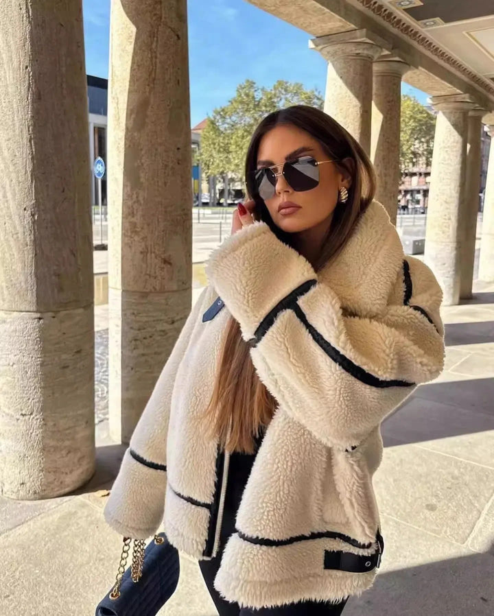 Veste Aviateur Femme Effet Mouton Beige - Doublure Chaude Style Rétro