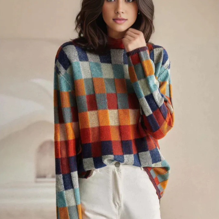 Pull Carreaux Multicolore Col Montant Rétro Hiver