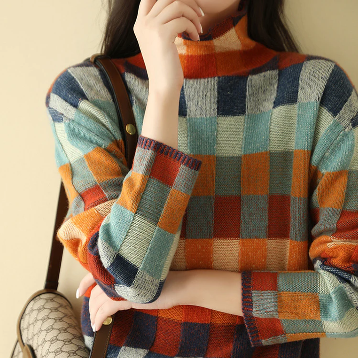 Pull Carreaux Multicolore Col Montant Rétro Hiver