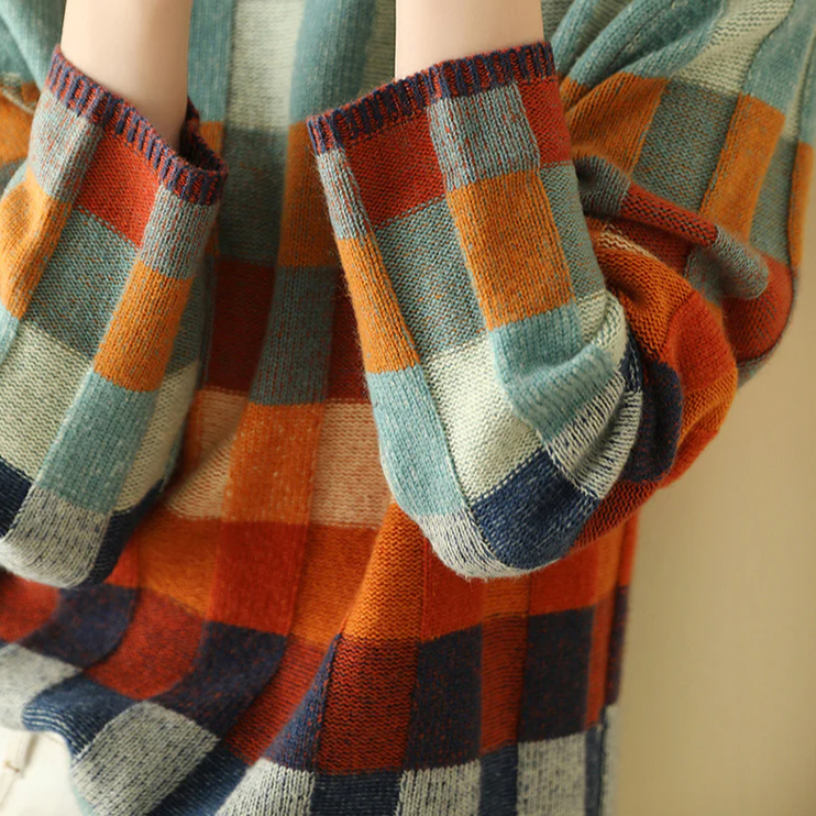 Pull Carreaux Multicolore Col Montant Rétro Hiver