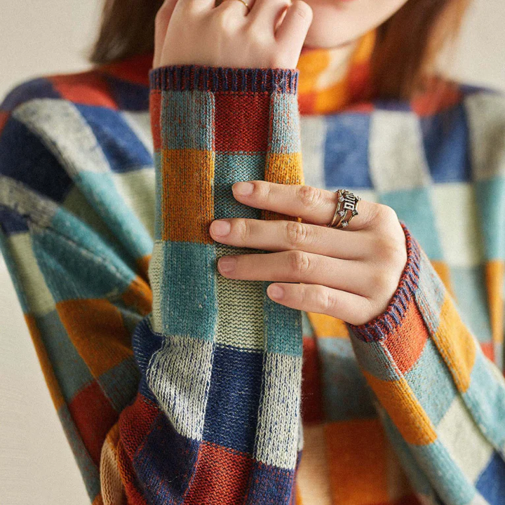 Pull Carreaux Multicolore Col Montant Rétro Hiver