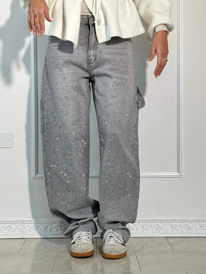 Jean Large Effet Pailleté Tendance Confort Style Streetwear