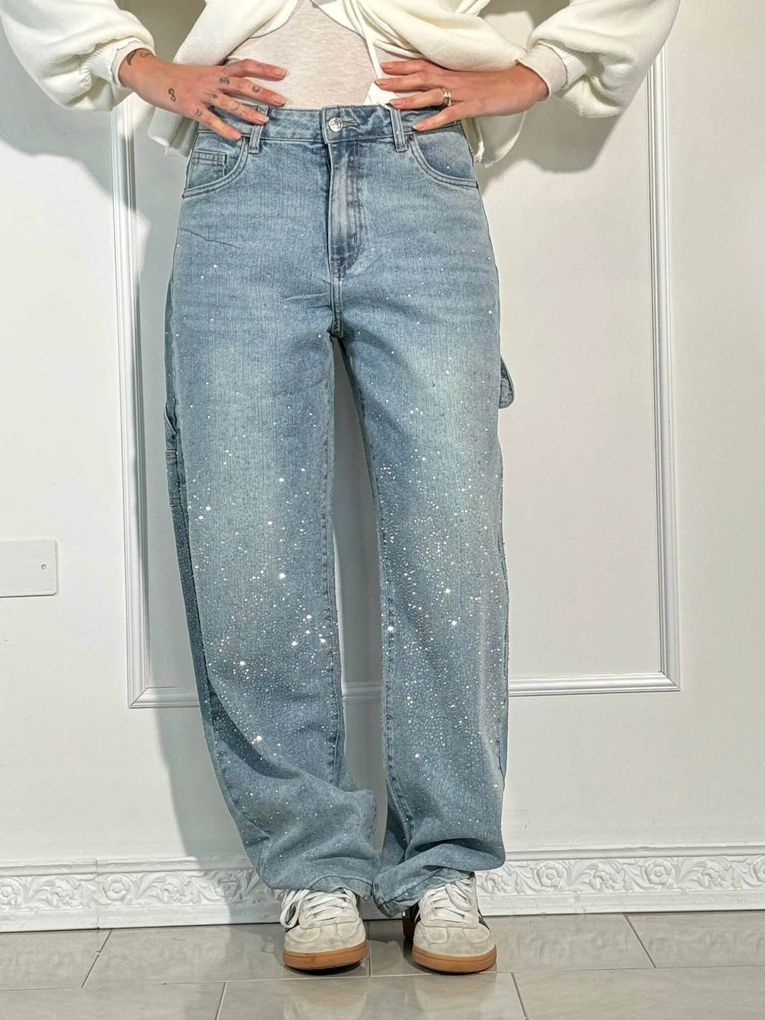 Jean Large Effet Pailleté Tendance Confort Style Streetwear