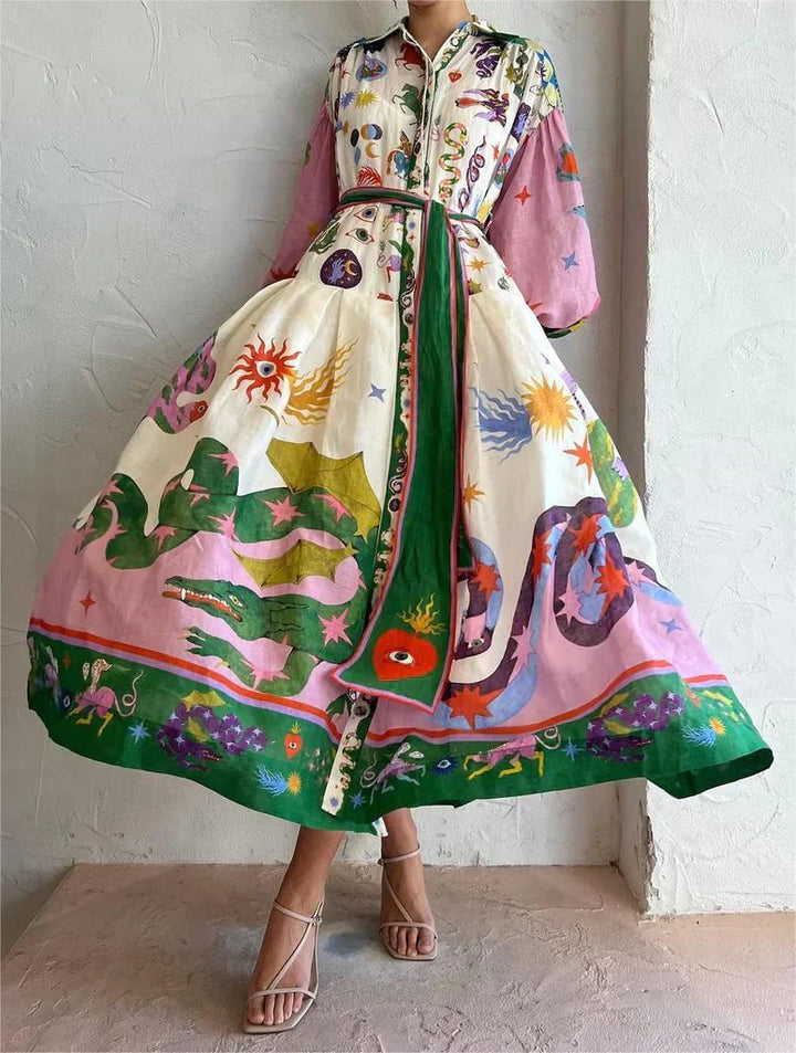 Robe Chemise Longue Imprimé Artistique - Bohème Chic Colorée