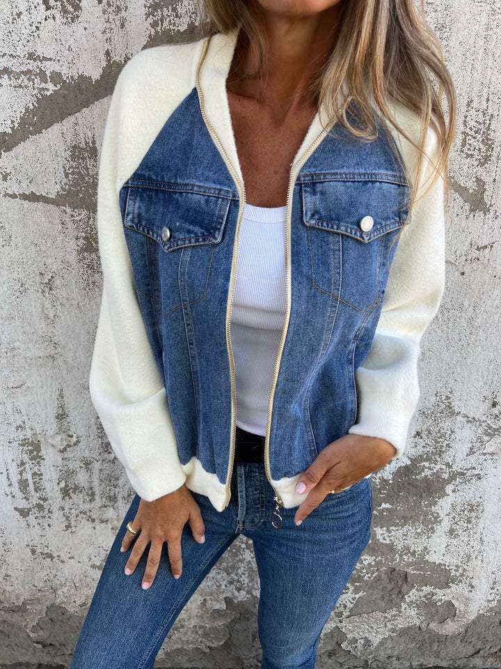 Veste Bomber Bimatière Denim & Blanc | Style Urbain Tendance