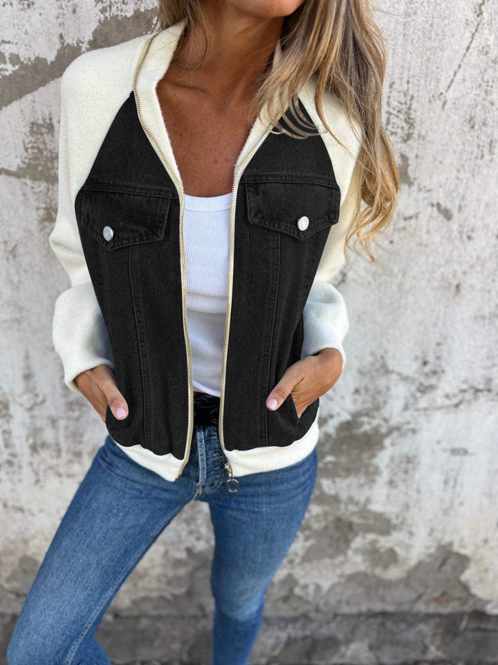 Veste Bomber Bimatière Denim & Blanc | Style Urbain Tendance